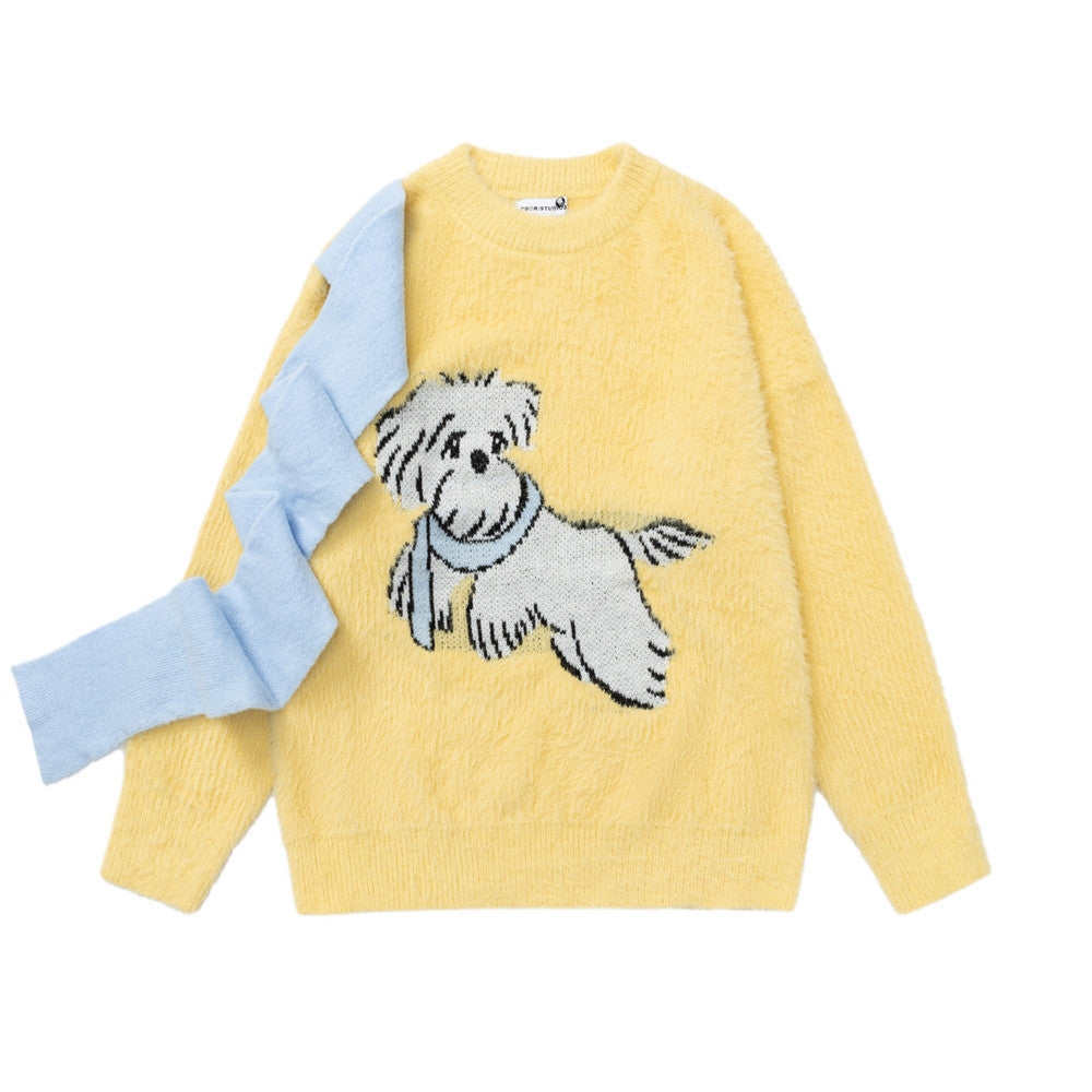 Cartoon Dog Colorblock Crew Neck Knit Sweater – Oversized Fuzzy Pullover