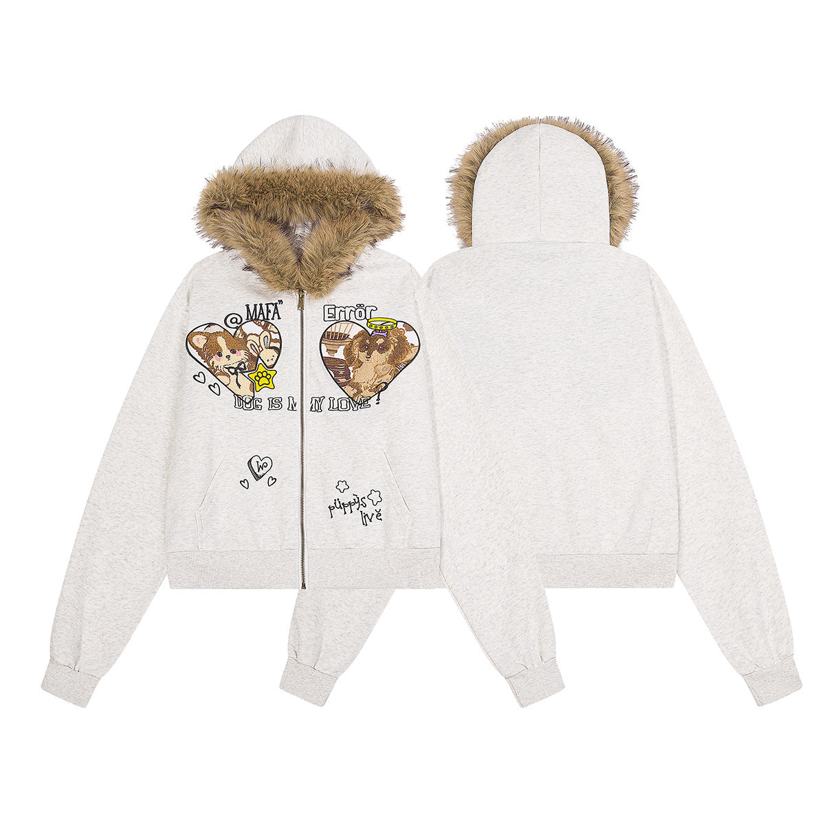 Sweat zippé bordé de fausse fourrure – Cardigan court à motif chiot brodé