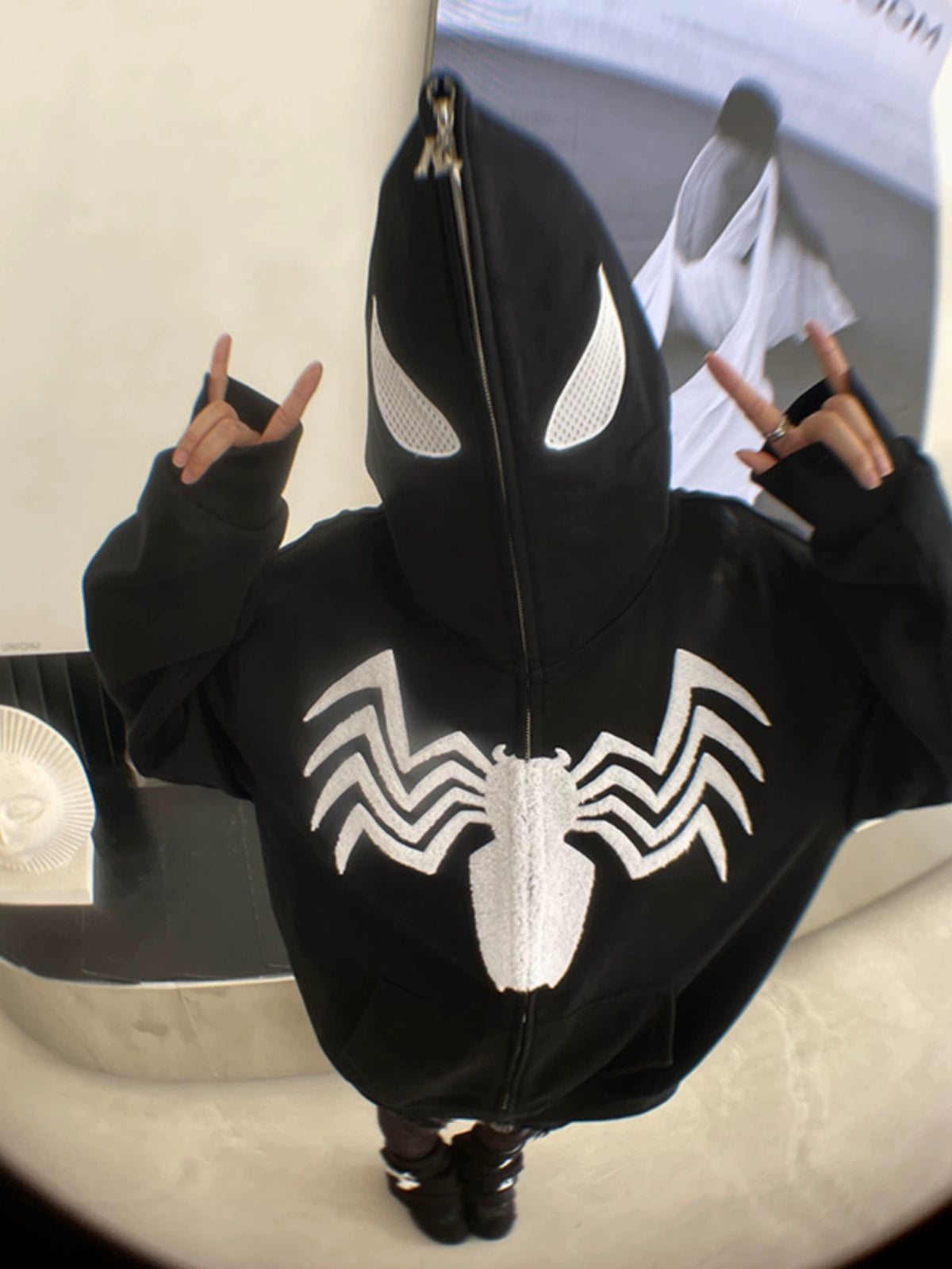 Venom Spider Hoodie - 400GSM Oversized Black and White Zip-Up Sweatshirt for Superhero Fans