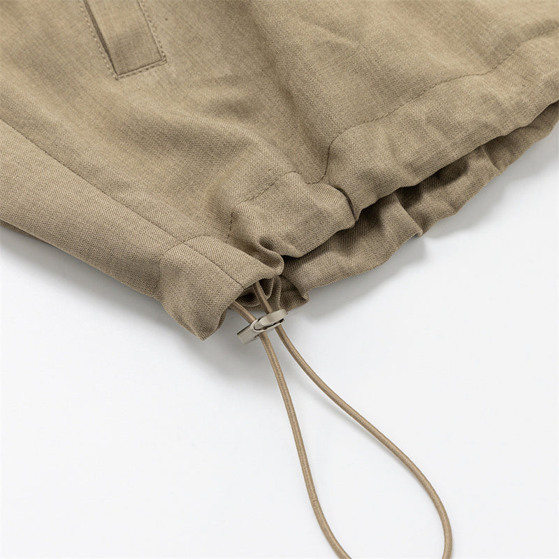 Stand Collar Zip Jacket with Pleated Back & Drawstring Hem — Men's Relaxed Fit