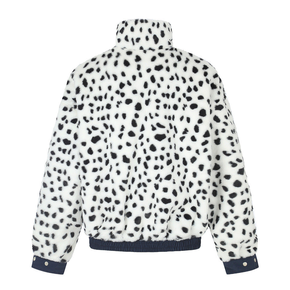 Reversible Stand-Collar Jacket Men's Dalmatian Faux Fur & Nylon Oversized Bomber