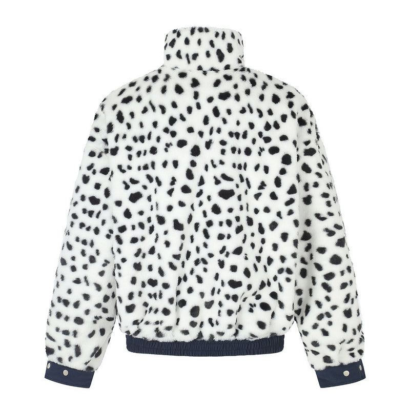 Reversible Stand-Collar Jacket Men's Dalmatian Faux Fur & Nylon Oversized Bomber