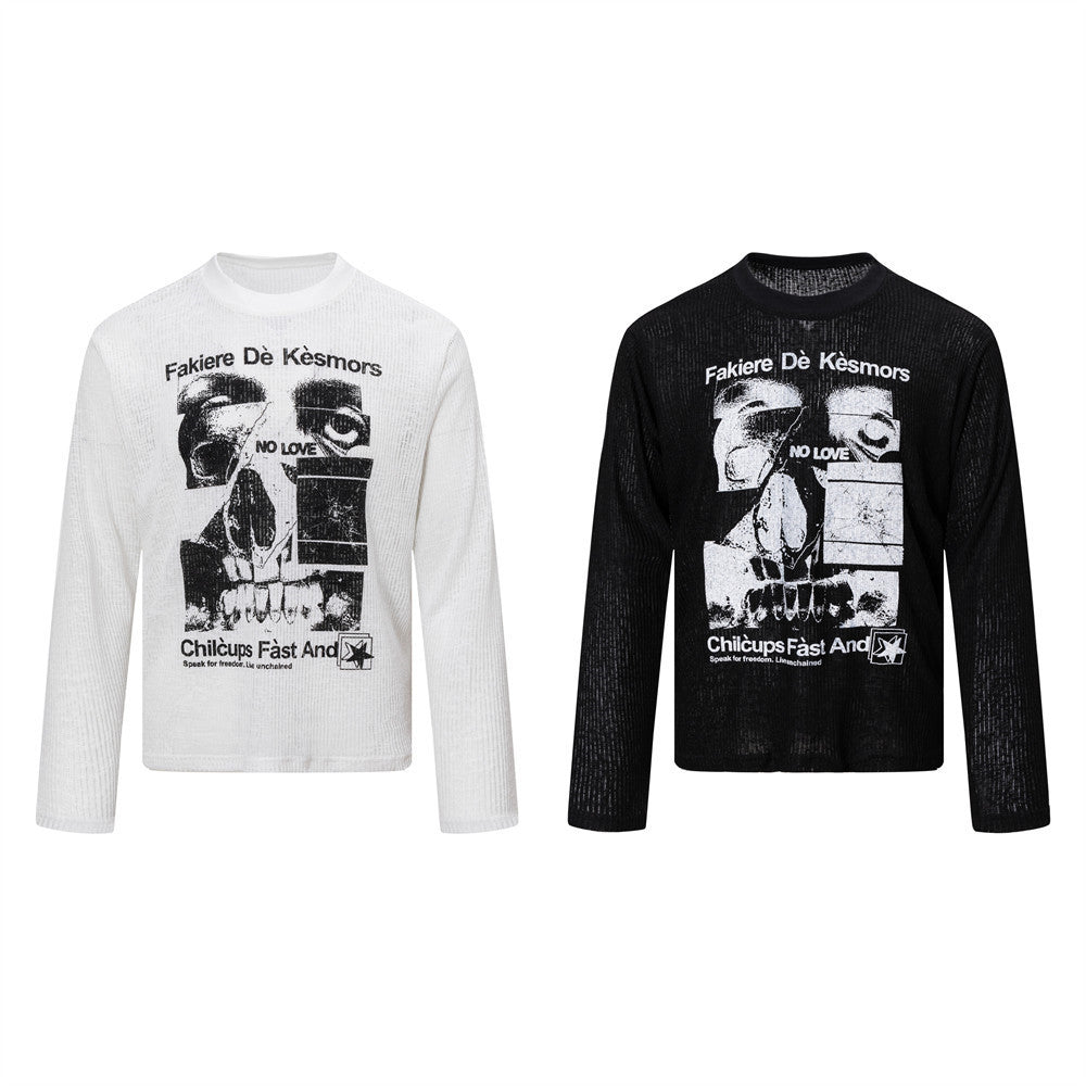 T-shirt côtelé à manches longues et motif tête de mort – Haut col rond streetwear sombre