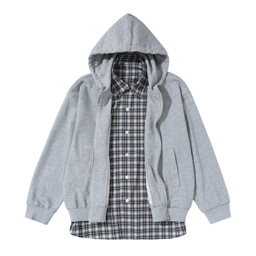 Men's Full Zip Hoodie with Faux Layered Plaid Shirt Insert, Oversized Streetwear