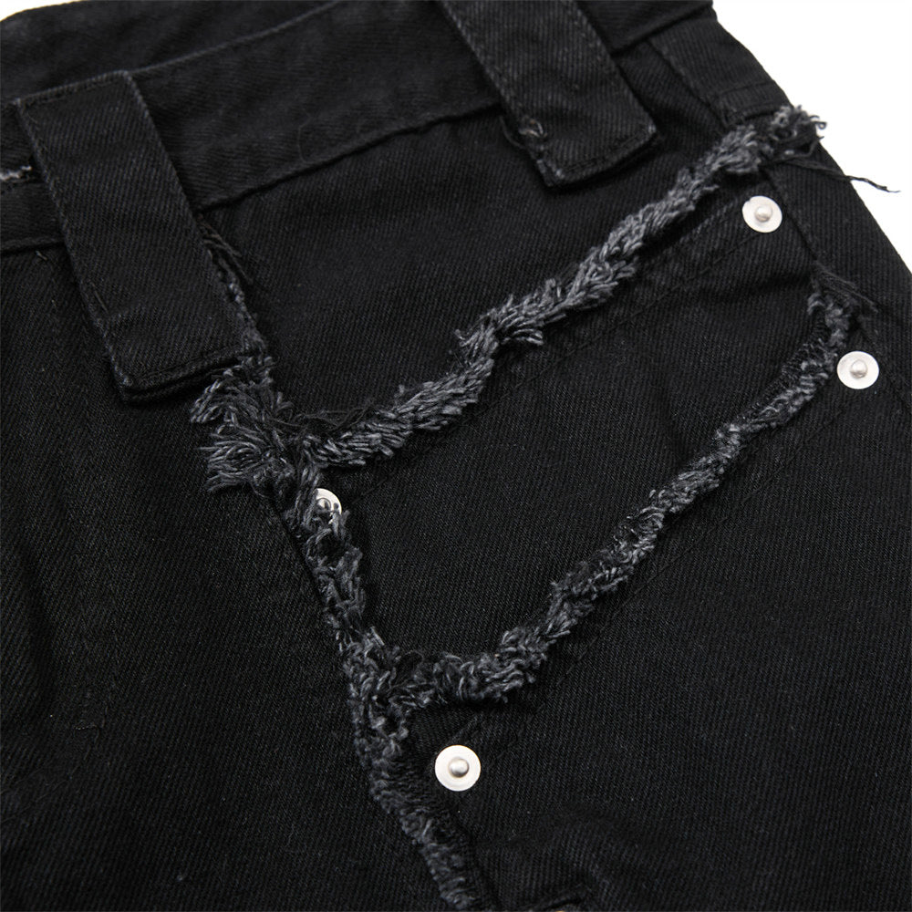 Black Wide-Leg Deconstructed Jeans – Zipper Detail & Raw-Edge Patchwork