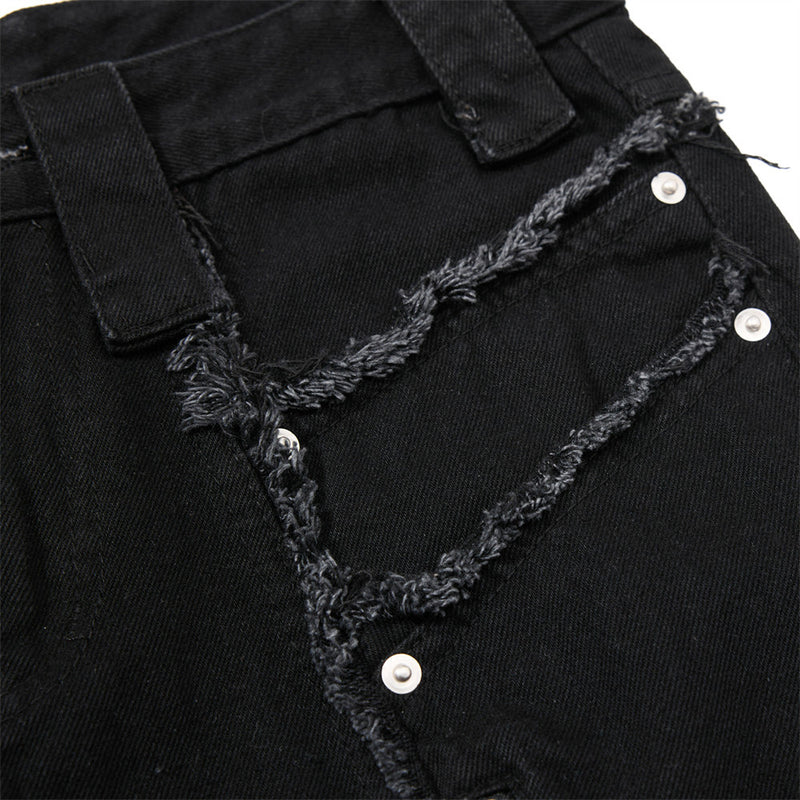 Black Wide-Leg Deconstructed Jeans – Zipper Detail & Raw-Edge Patchwork