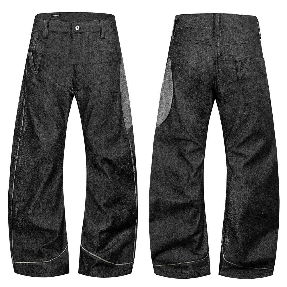 Jean homme en denim brut à jambes larges – Double ceinture, empiècements et silhouette incurvée