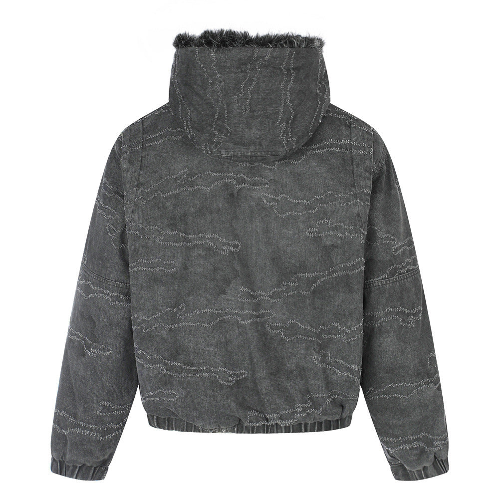 Gewaschene Denim-Pufferjacke mit Kapuze und Kunstfellbesatz – Used-Camo-Stitching