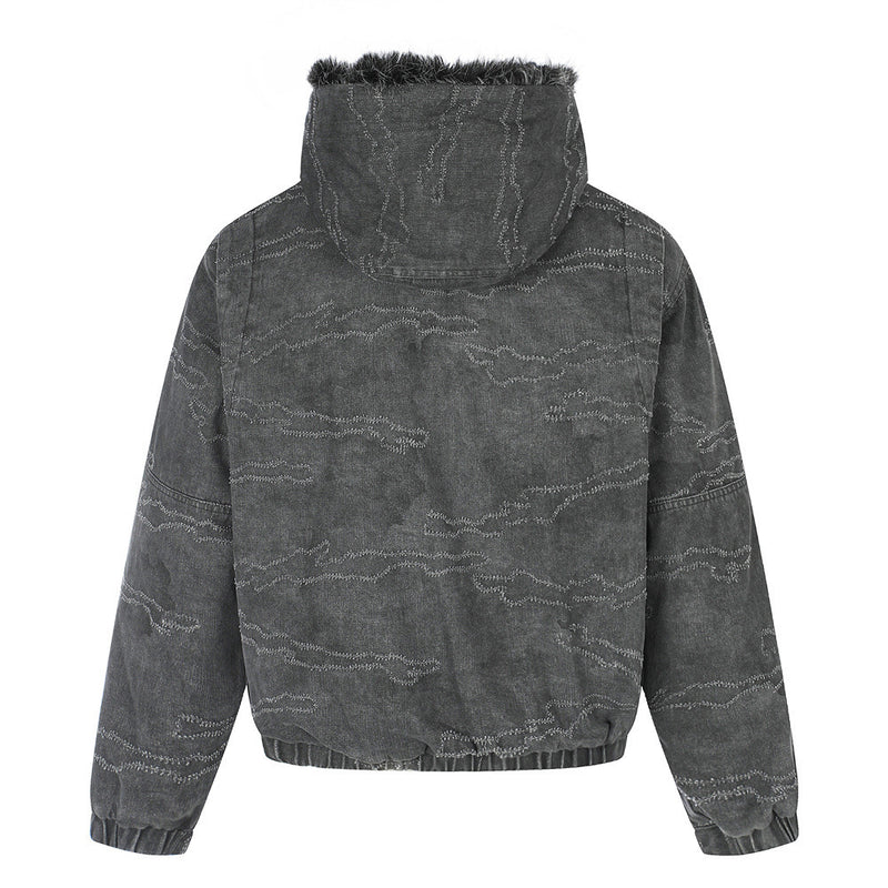 Gewaschene Denim-Pufferjacke mit Kapuze und Kunstfellbesatz – Used-Camo-Stitching