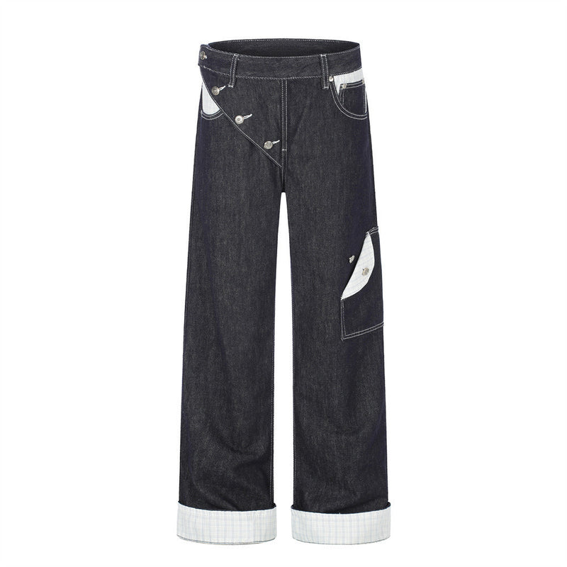 Herren Straight-Fit-Jeans – Wide-Leg-Rohdenim mit diagonalem Knopfverschluss und Karomuster