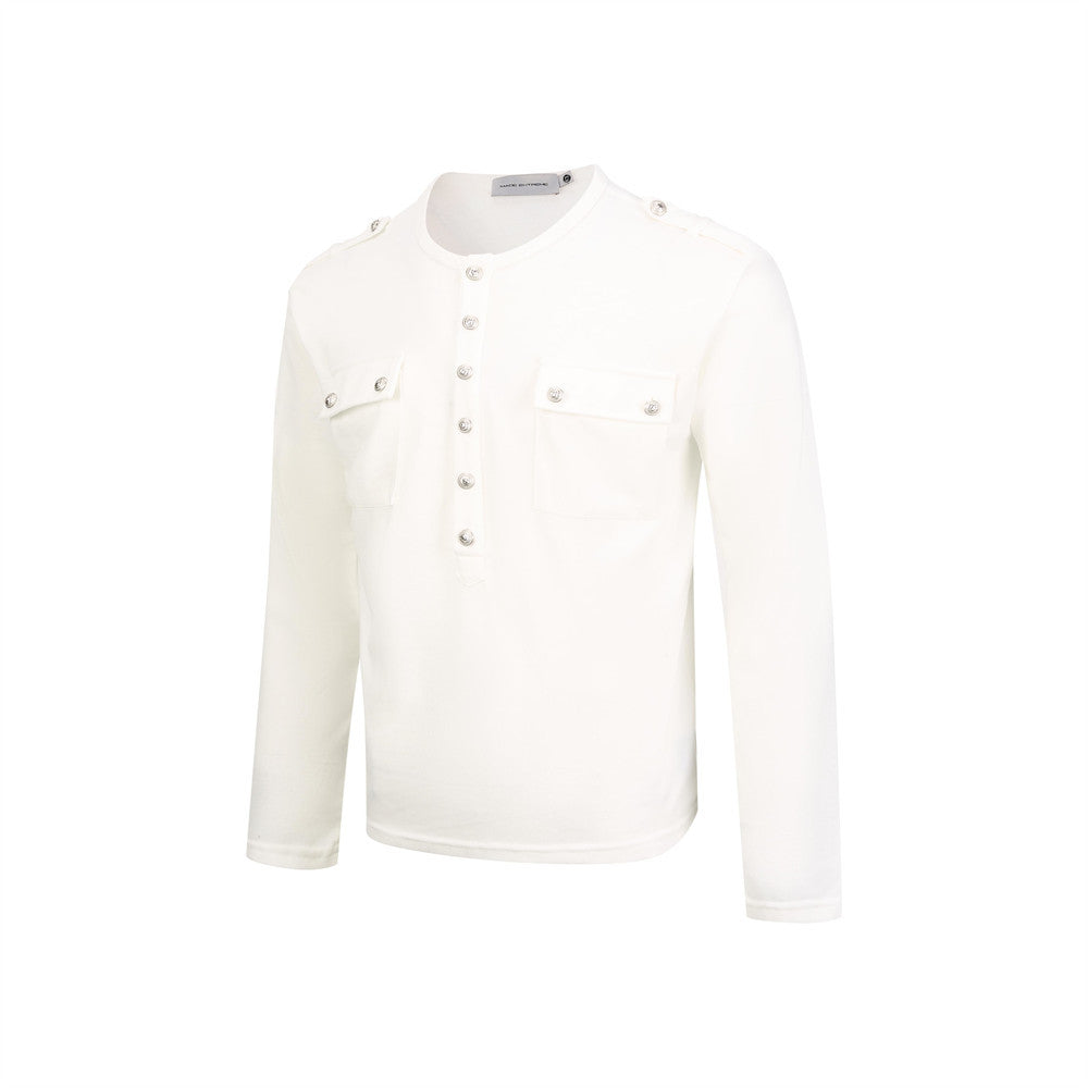Men's Henley Long Sleeve T-Shirt with Metal Buttons & Dual Chest Pockets