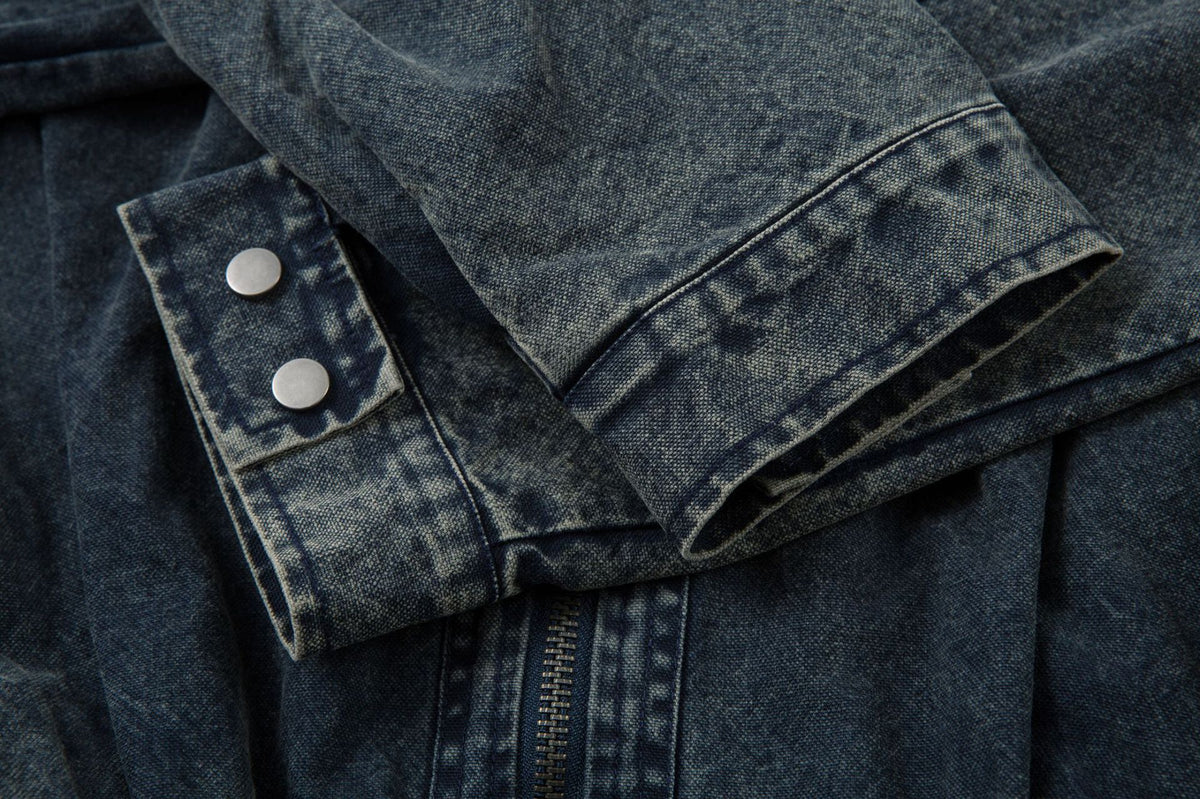 Oversized Washed Denim Jacket – Boxy Belted Hem, Acid-Wash Workwear Style