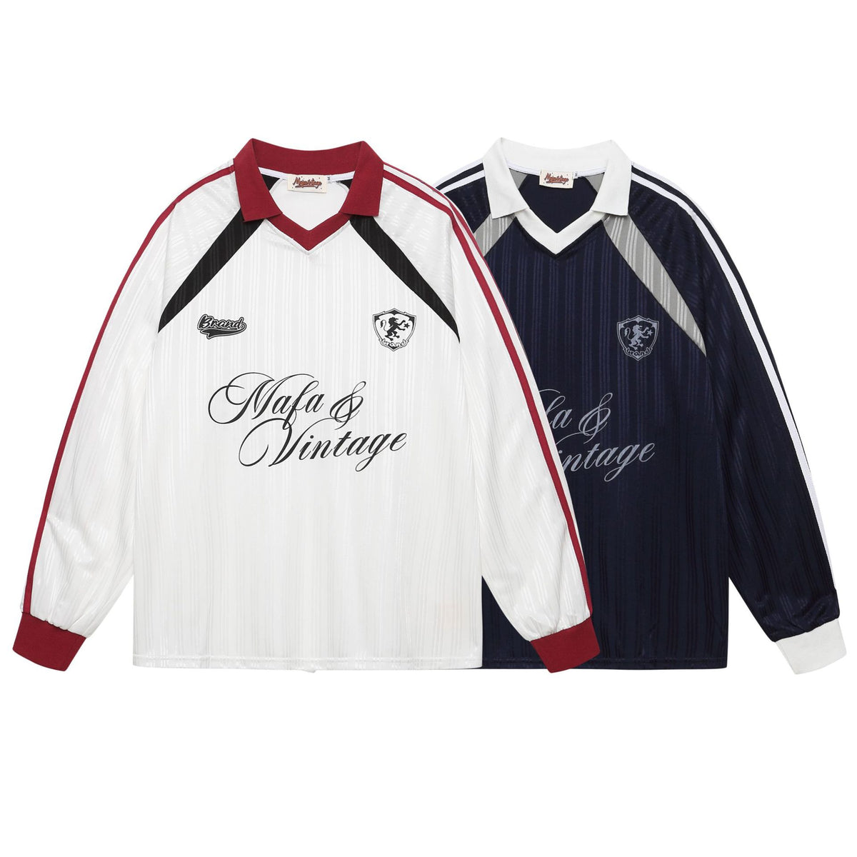 Front view of white and navy long-sleeve soccer jersey polo shirts with contrasting stripes and Mafa & Vintage script