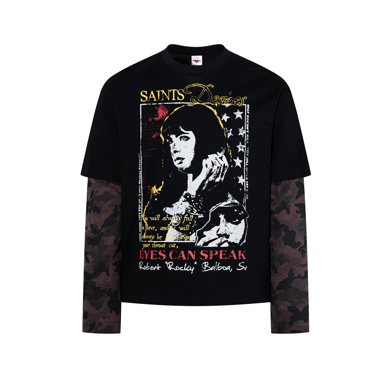 Saints Desires black graphic long-sleeve tee with dark camo faux-layered sleeves, front and back view