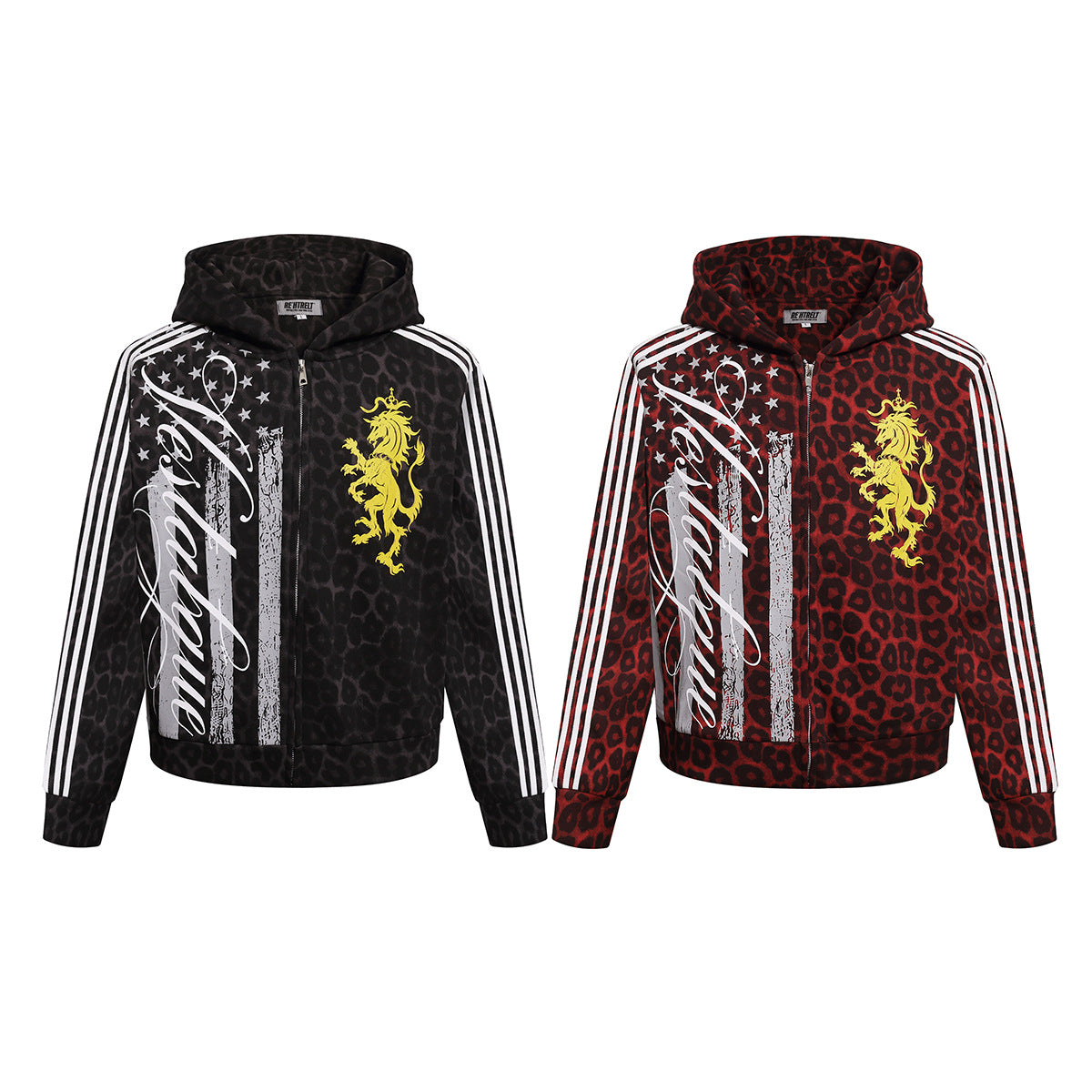 Sweat à capuche zippé léopard avec écusson lion et motif drapeau américain