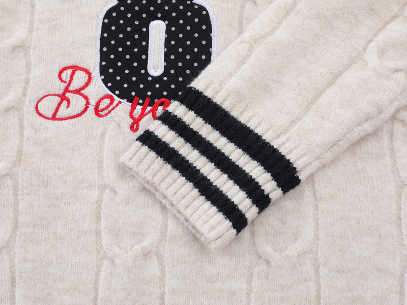 Cable Knit V-Neck Varsity Sweater – Number 8 Collegiate Pullover