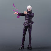 The Jujutsu Kaisen Gojo Satoru WM PVC Figure – 31 cm Cursed Technique Action Pose Statue features the iconic character with striking white hair and a dark outfit against a plain background, posed with one hand extended as purple energy radiates, channeling his Limitless Technique.