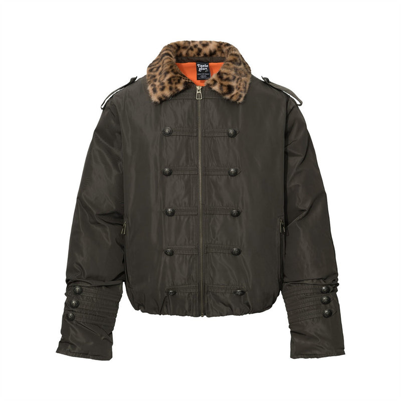 Men's Double-Breasted Padded Jacket with Leopard Faux-Fur Collar