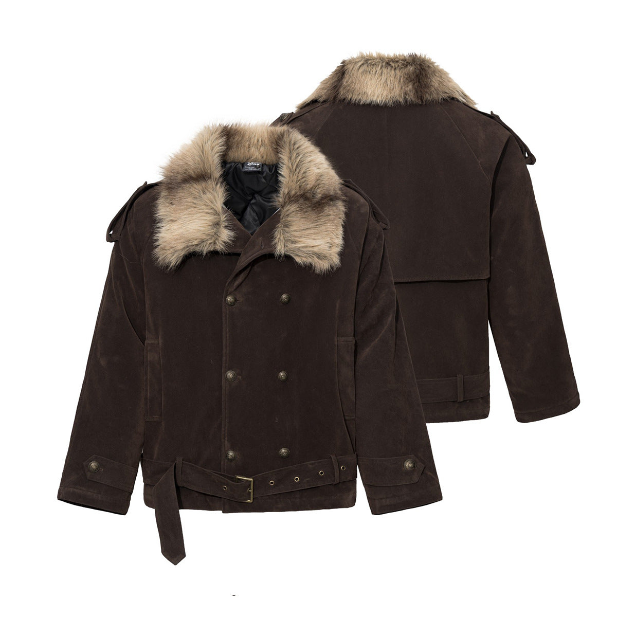 Double-Breasted Faux Fur Collar Padded Jacket in Dark Brown