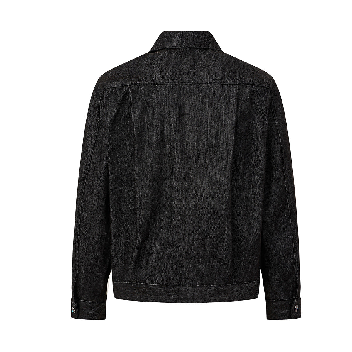 Veste en denim noir à devant plissé, fermetures à agrafes métalliques et clous turquoise