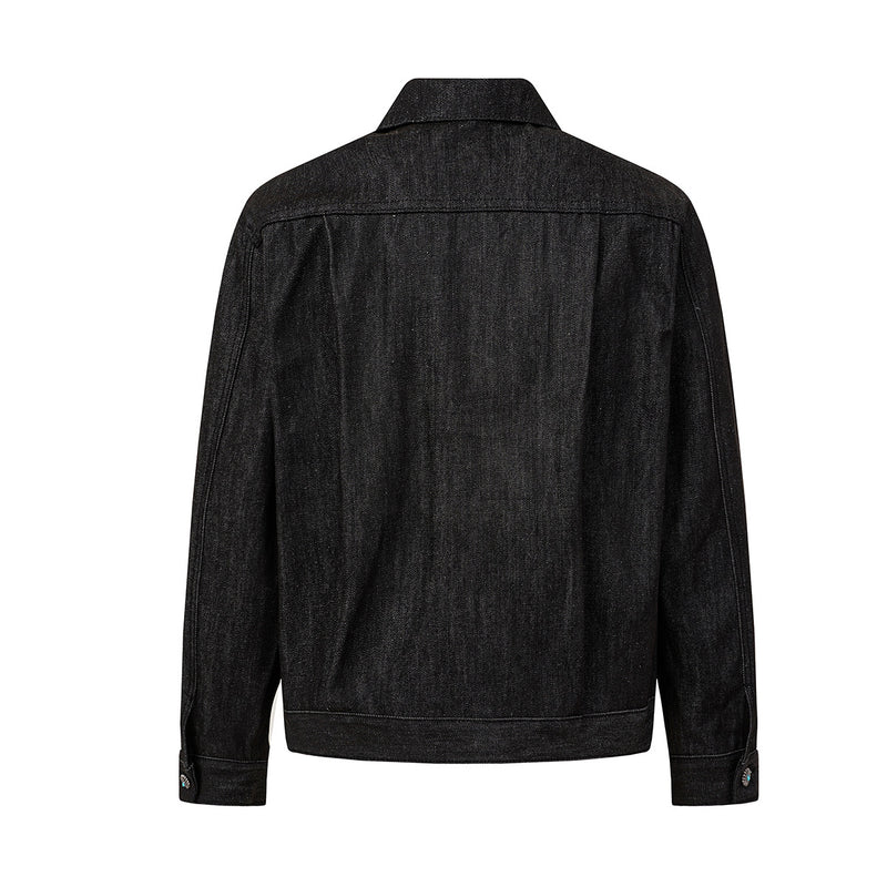 Veste en denim noir à devant plissé, fermetures à agrafes métalliques et clous turquoise