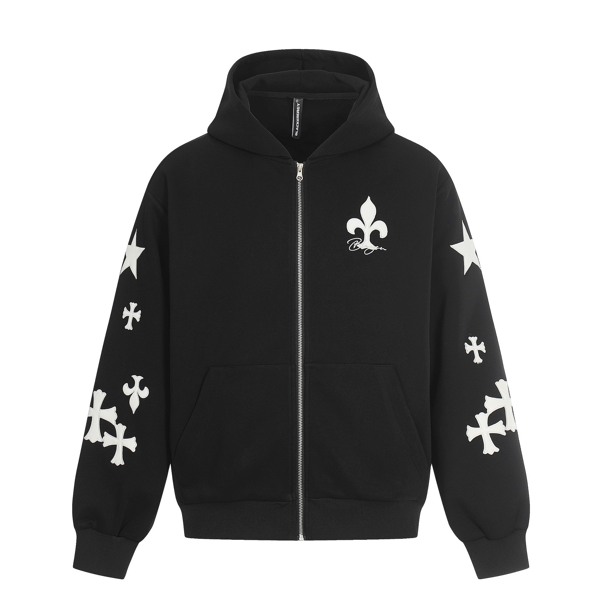 Sudadera con cremallera estampada con cruces y flor de lis – Cárdigan oversize vintage estadounidense
