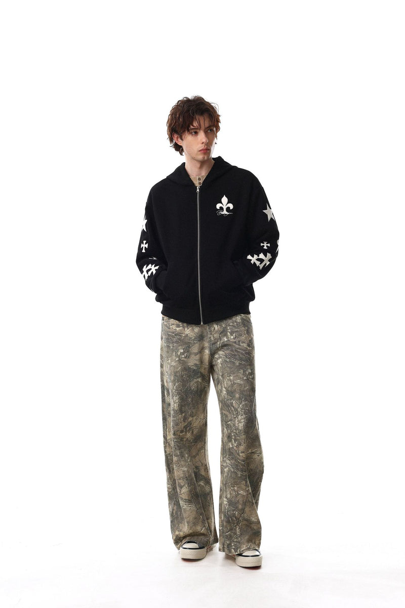 Sudadera con cremallera estampada con cruces y flor de lis – Cárdigan oversize vintage estadounidense