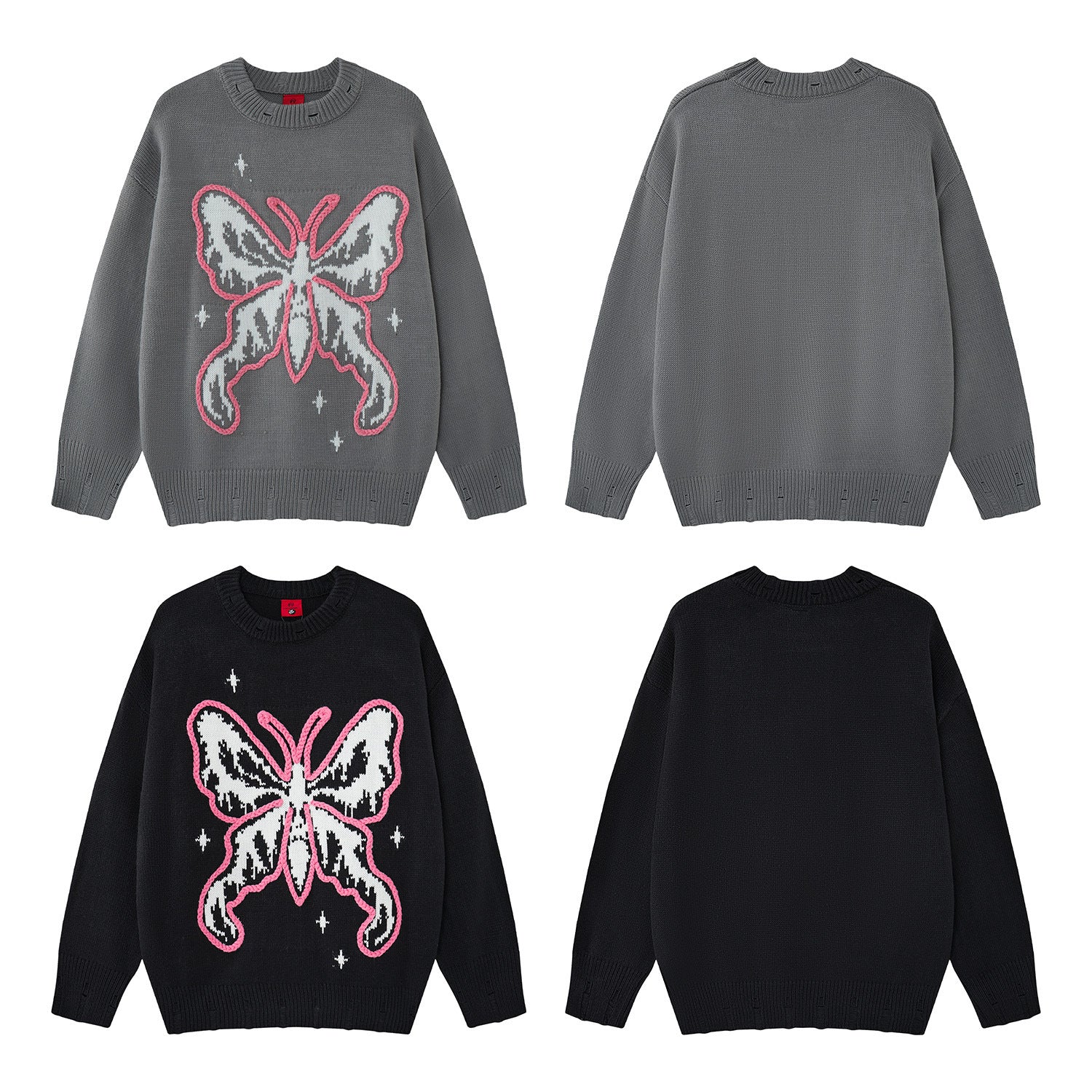 Pull en maille jacquard papillon – Col rond oversize avec broderie rose façon corde