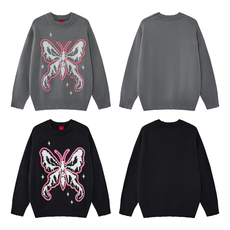 Pull en maille jacquard papillon – Col rond oversize avec broderie rose façon corde