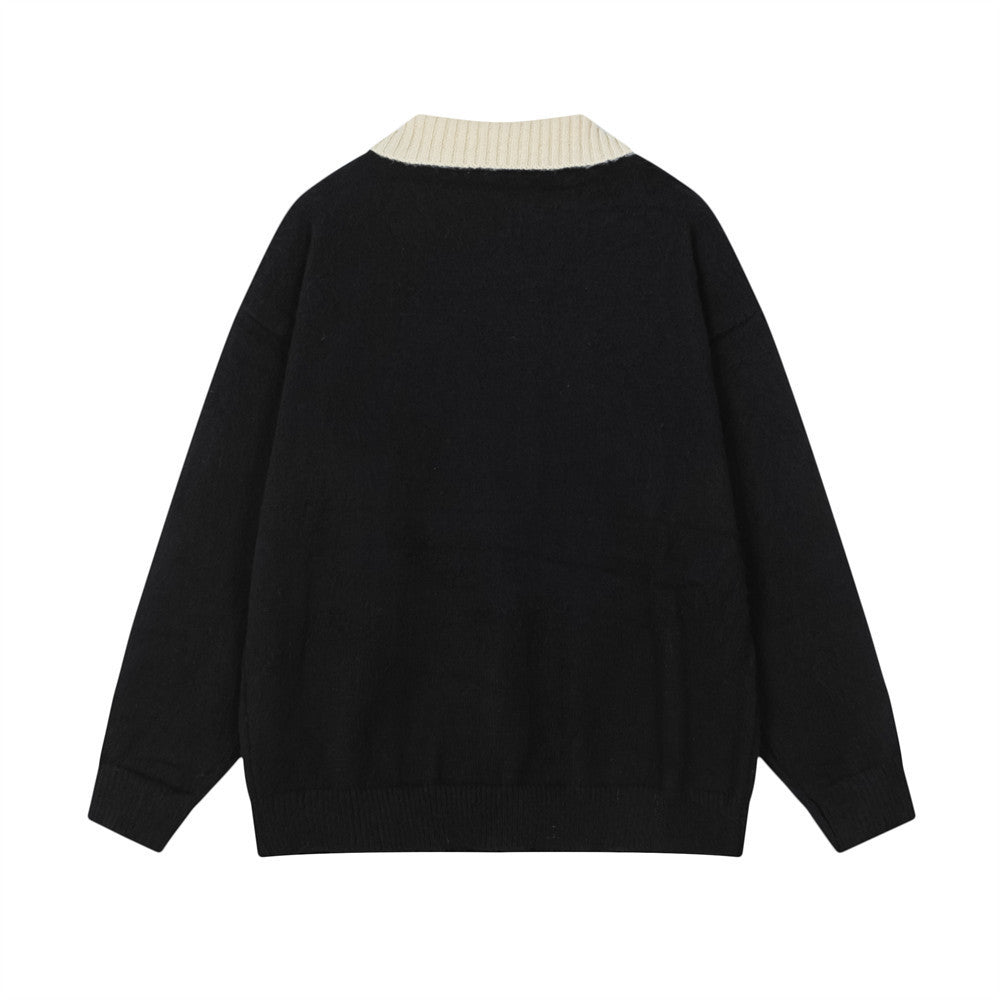 Oversize-Strickpullover mit Cartoon-Hund, Colorblock-Polokragen und langen Ärmeln für Herren