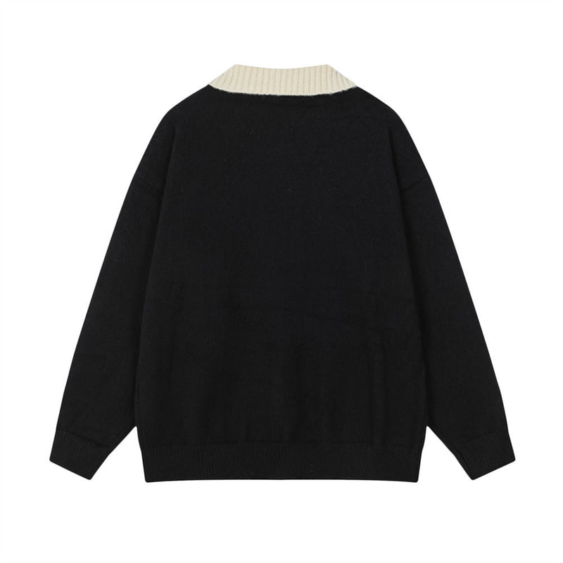 Oversize-Strickpullover mit Cartoon-Hund, Colorblock-Polokragen und langen Ärmeln für Herren