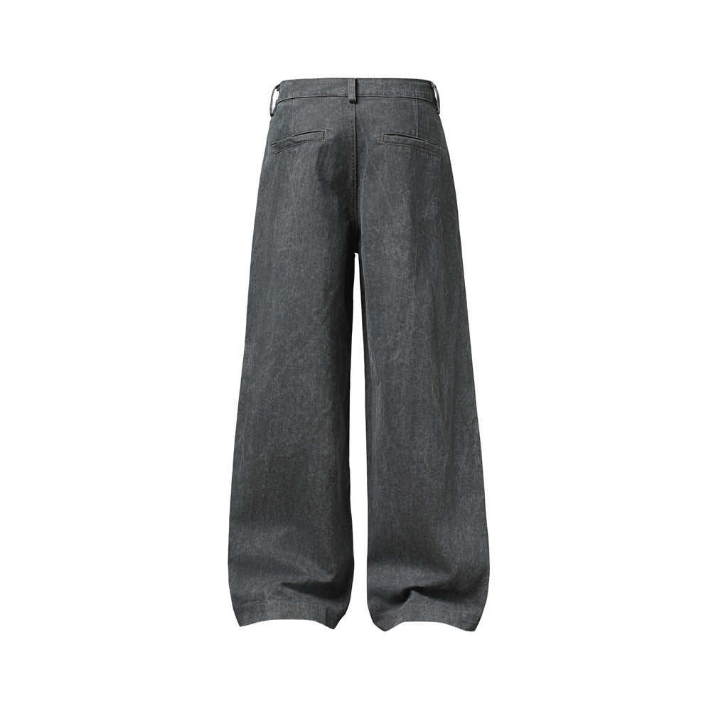 Wide-Leg Washed Denim Jeans – Relaxed High-Street Pleated Trousers