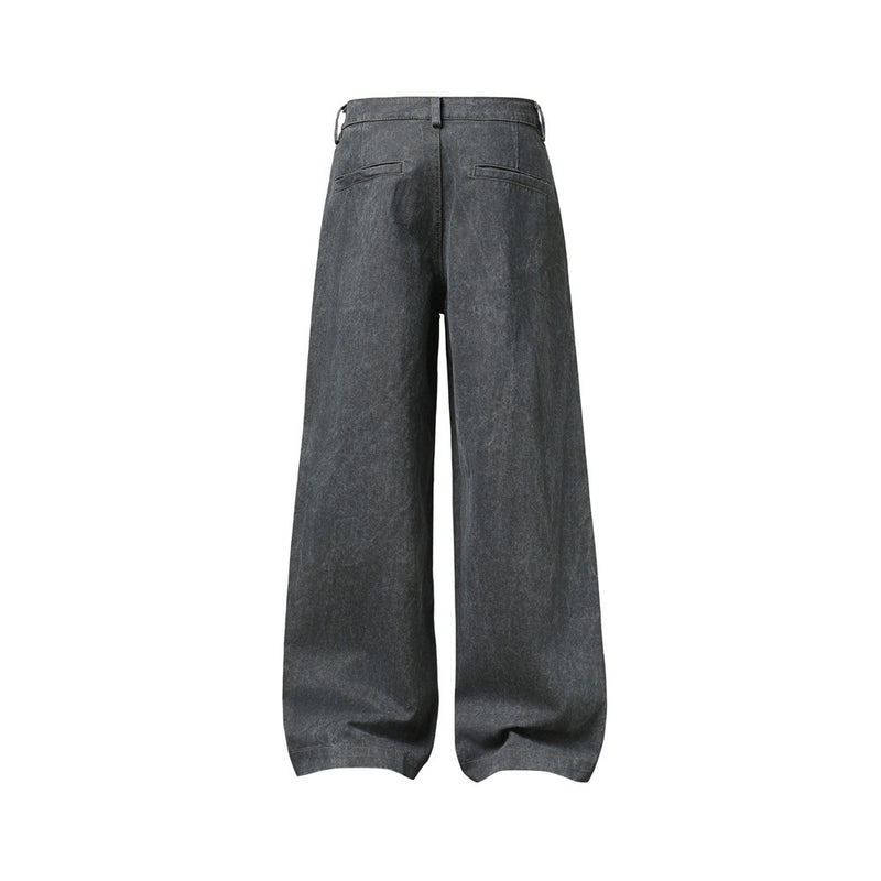 Wide-Leg Washed Denim Jeans – Relaxed High-Street Pleated Trousers