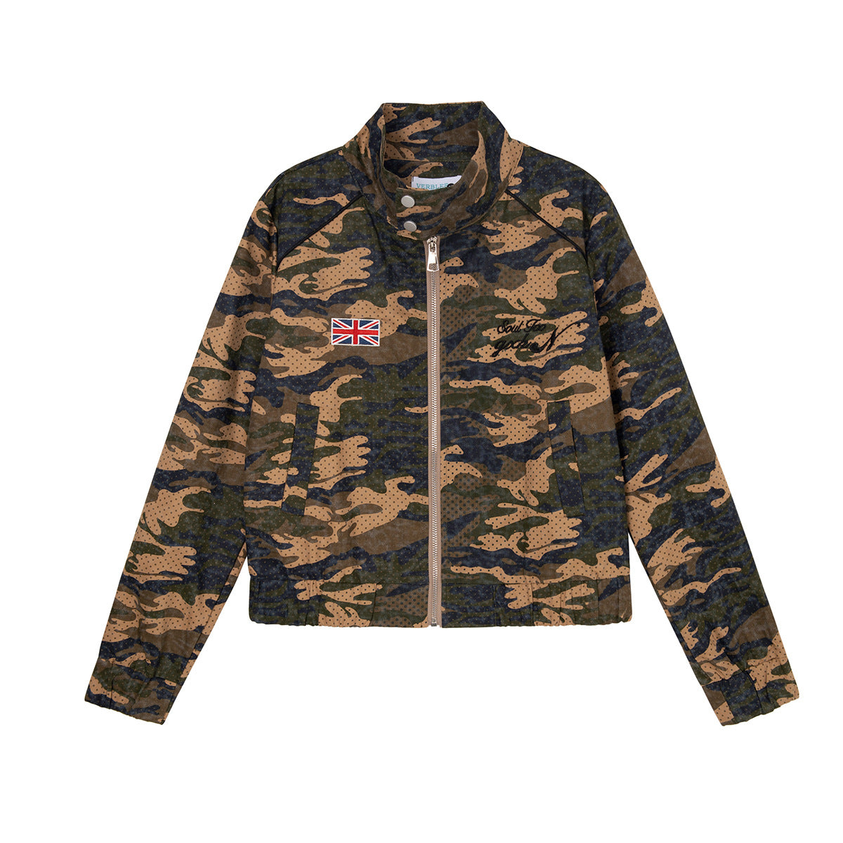 Veste zippée camouflage raccourcie, col montant, écusson Union Jack et inscription brodée sur la poitrine, vues avant et arrière