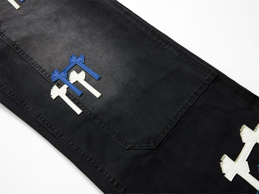 Black Washed Wide-Leg Cargo Jeans with Cross Embroidery Patches