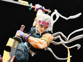 The Premium 37cm Seakoff Demon Slayer Urogi Figure features white hair, goggles, and dual swords. It showcases muscular arms in a sleeveless outfit with gold accents and purple gloves. Dynamically posed against a black backdrop, it includes stunning USB light-up effects.