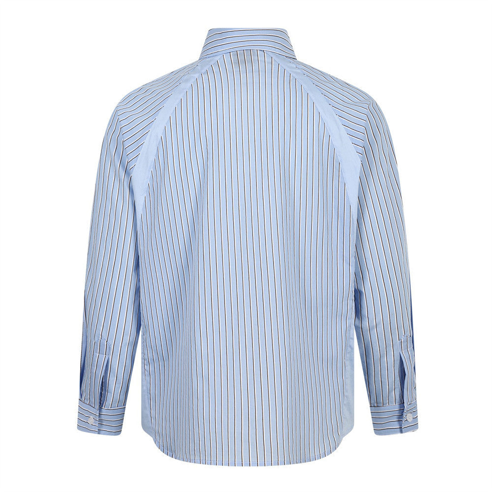 Men's Light Blue Striped Long-Sleeve Button-Down Shirt with Letter Embroidery