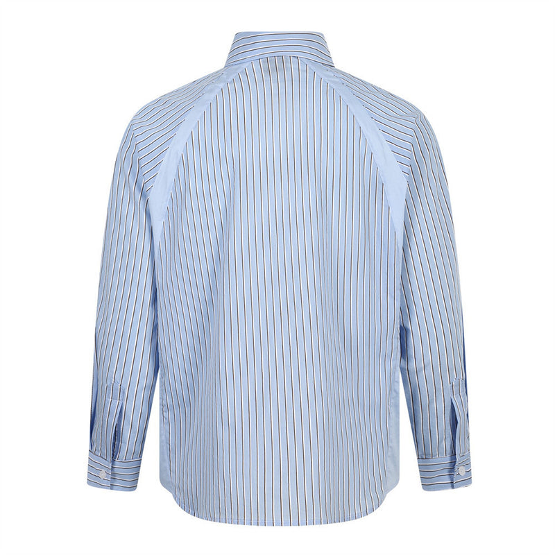 Men's Light Blue Striped Long-Sleeve Button-Down Shirt with Letter Embroidery