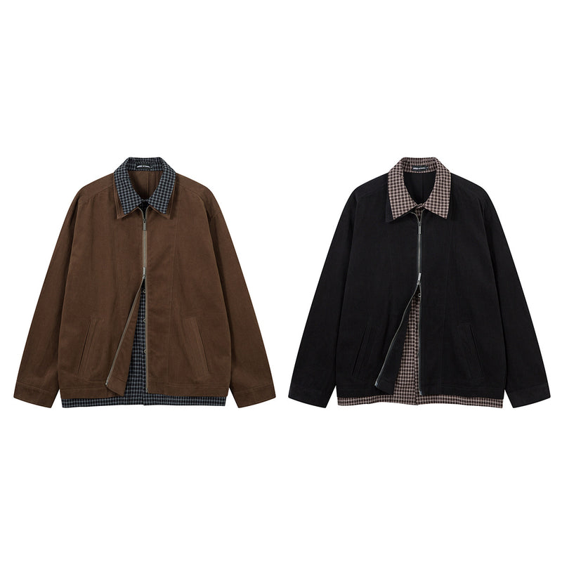 Men's Plaid-Lined Zip-Up Harrington Jacket – Layered Collar Workwear Coat