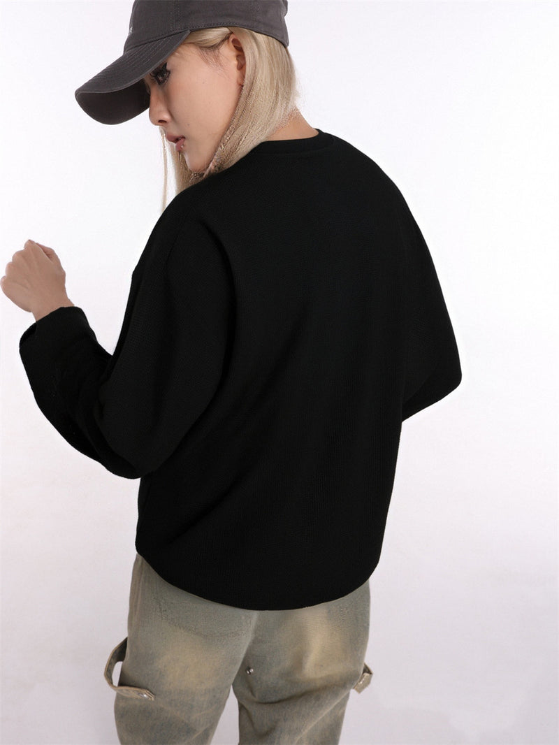 Black Long Sleeve Shirt Women — Oversized Cat Graphic Waffle-Knit Crew Neck Top