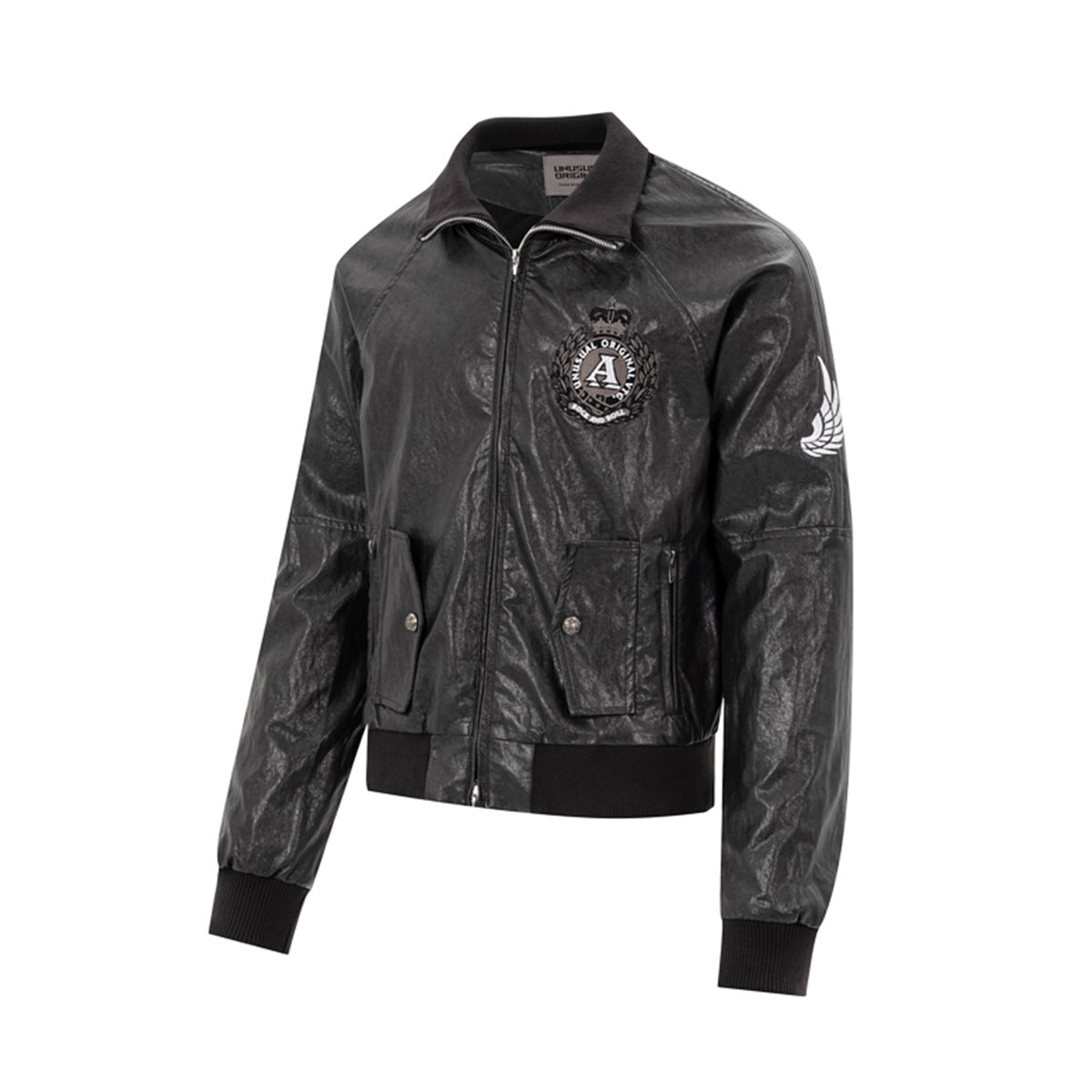 Blouson bomber en similicuir PU brodé – Style vintage racing et flight américain