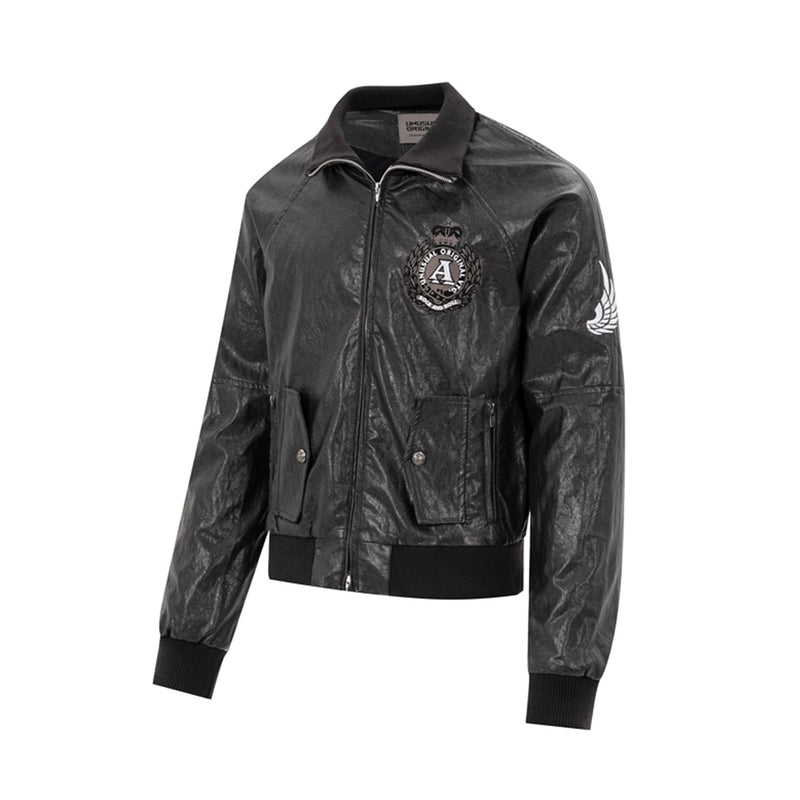 Blouson bomber en similicuir PU brodé – Style vintage racing et flight américain