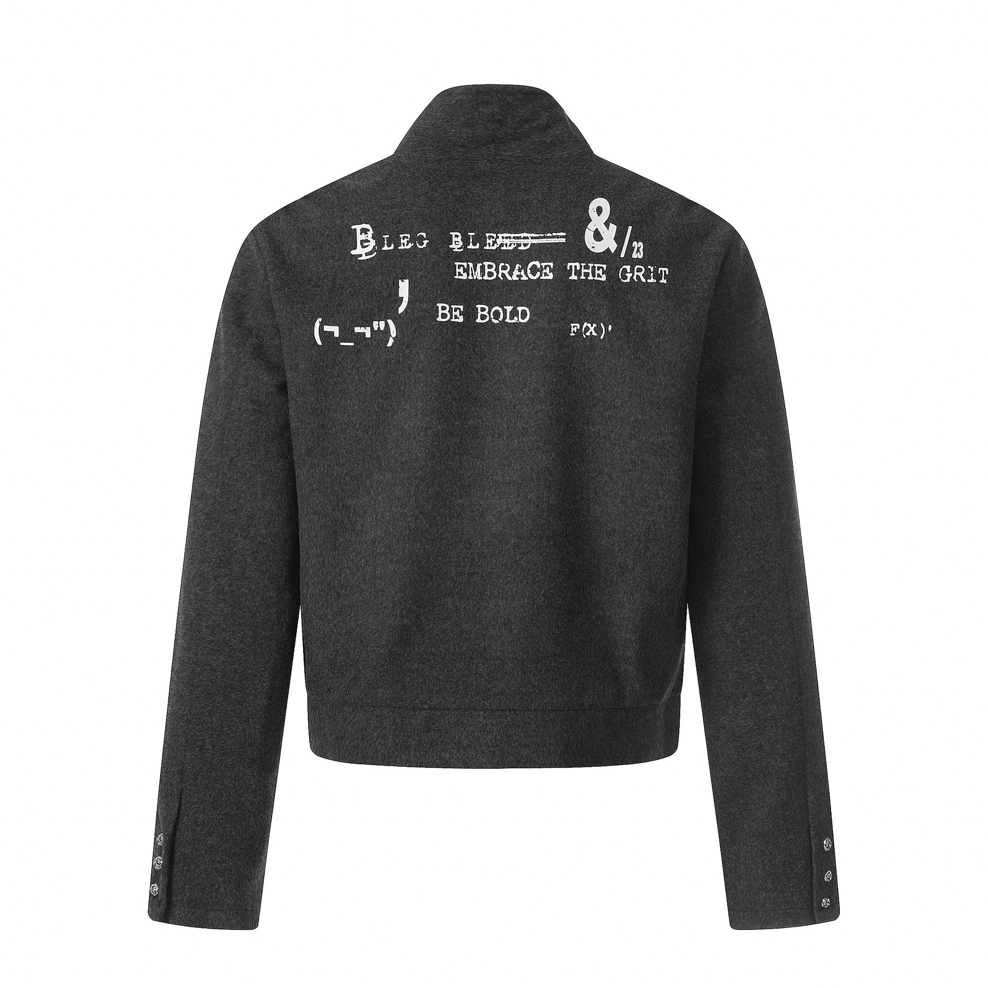 Chaqueta motera de mezcla de lana gris carbón con letras gráficas y cremallera asimétrica