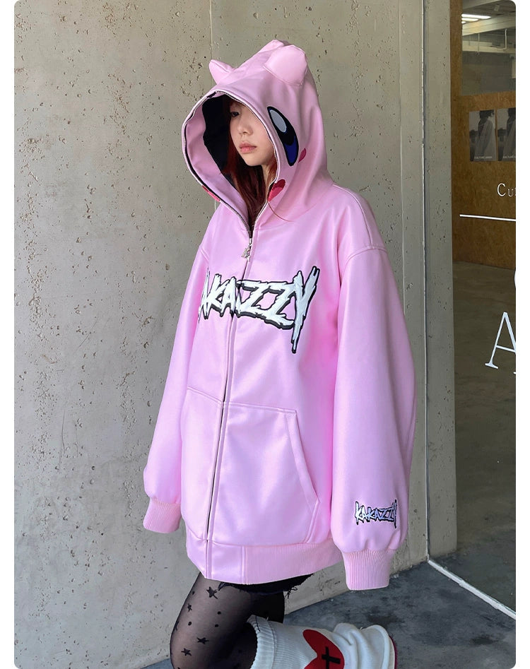 Kirby Pink Hoodie – 400 GSM übergroßes Anime-Sweatshirt mit Reißverschluss für Streetwear-Fans