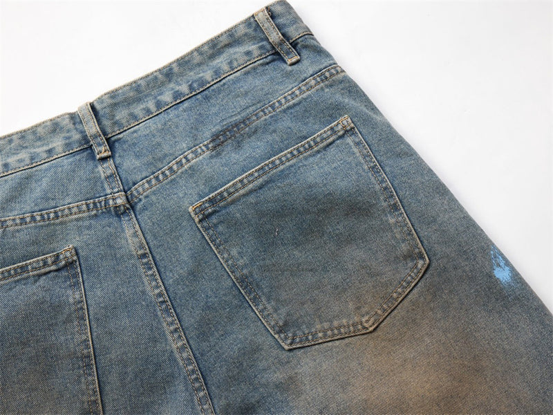 Baggy Jeans with Paint Splatter Patchwork & Distressed Raw-Edge Detail