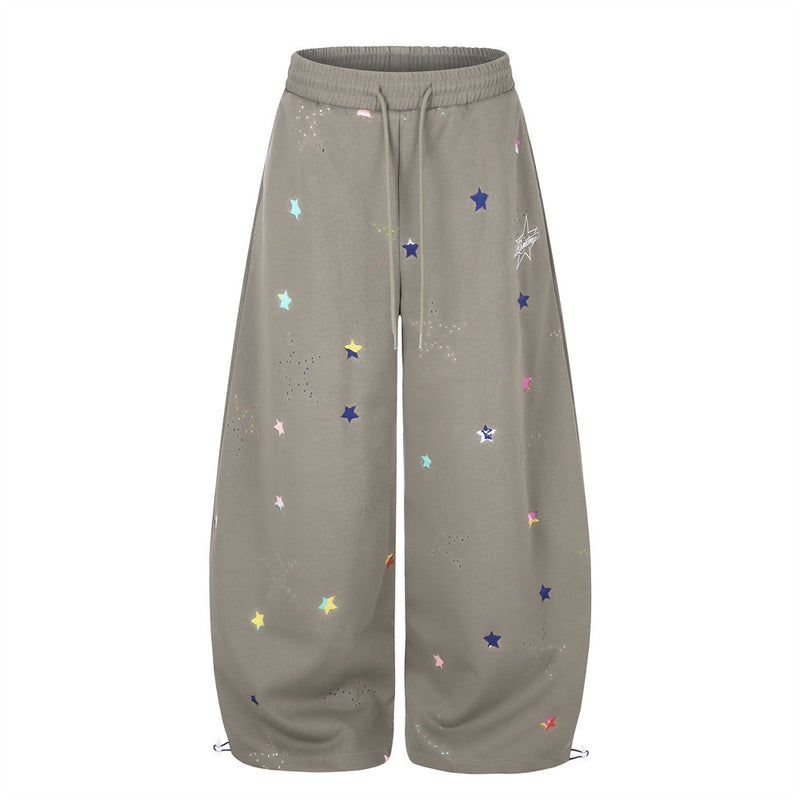 Colorful Star Print Wide-Leg Sweatpants – Relaxed Fit Curved Hem Casual Pants