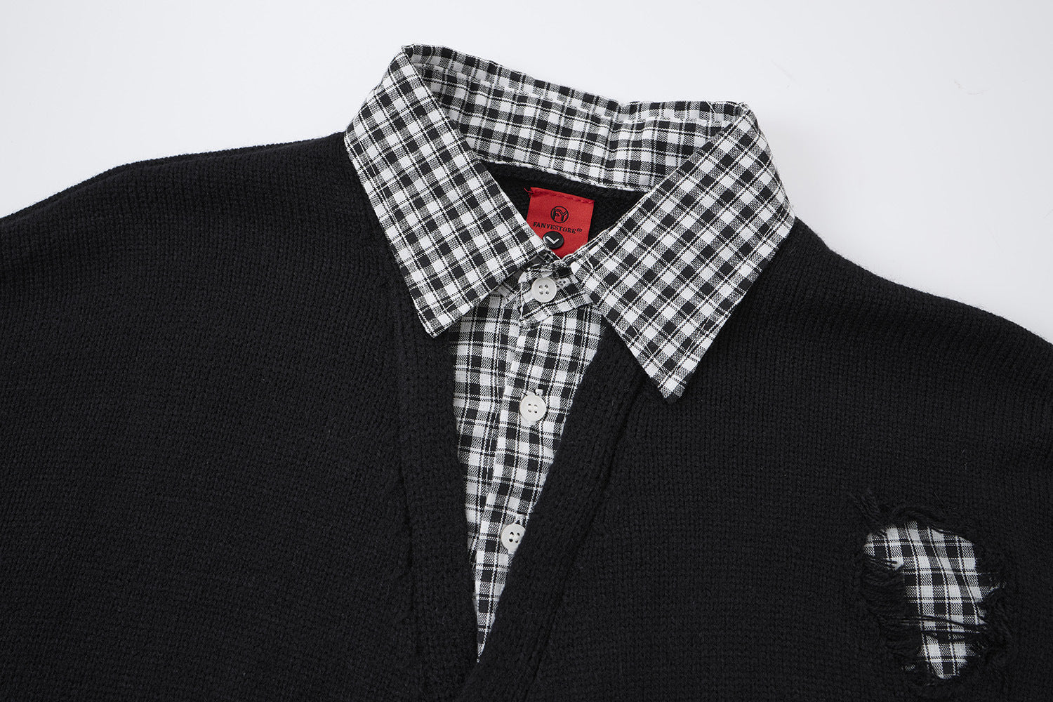 Cardigan en maille déstructurée à col tartan superposé