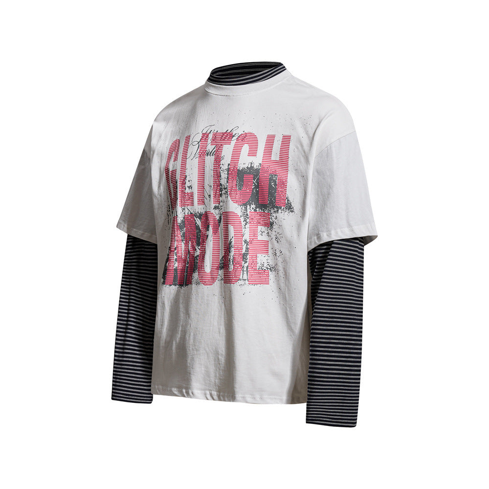 Glitch Mode Faux Two-Piece Long Sleeve Graphic Tee – Striped Layer Oversized Fit