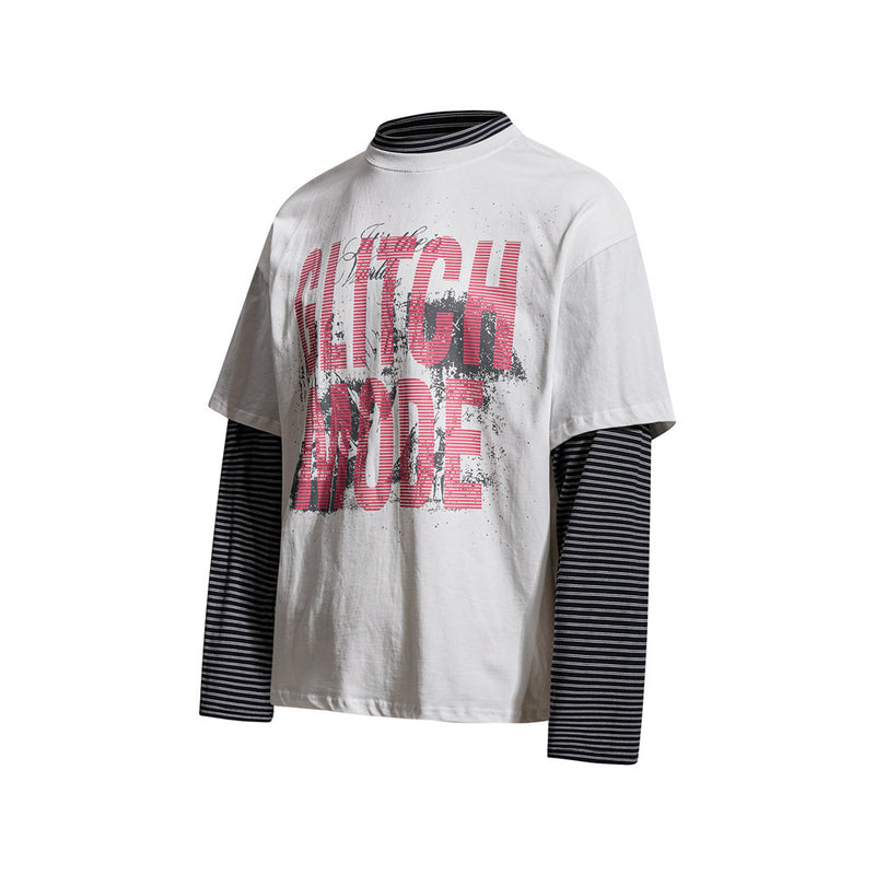 Glitch Mode Faux Two-Piece Long Sleeve Graphic Tee – Striped Layer Oversized Fit
