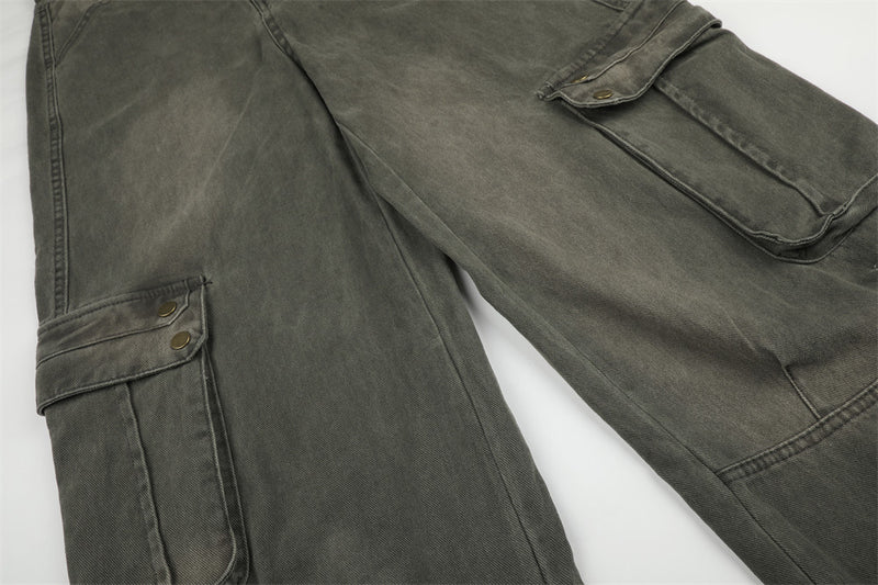 Wide-Leg Cargo Pants – Washed Denim Multi-Pocket Straight-Cut Trousers